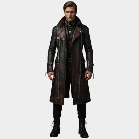 Gothic leather trench coat with distressed finish and steampunk styling handmade by Jackets Kingdom