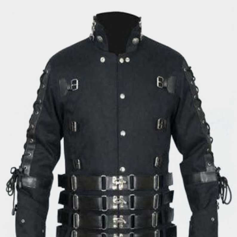 Gothic long coat with flowing hemline and structured tailoring by Jackets Kingdom