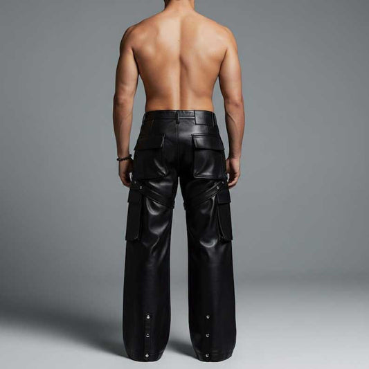 Gothic style genuine leather utility trousers featuring oversized cargo pockets by Jackets Kingdom