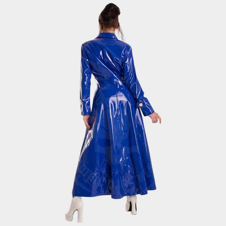 Gothic style glossy PVC raincoat with adjustable waist belt by Jackets Kingdom