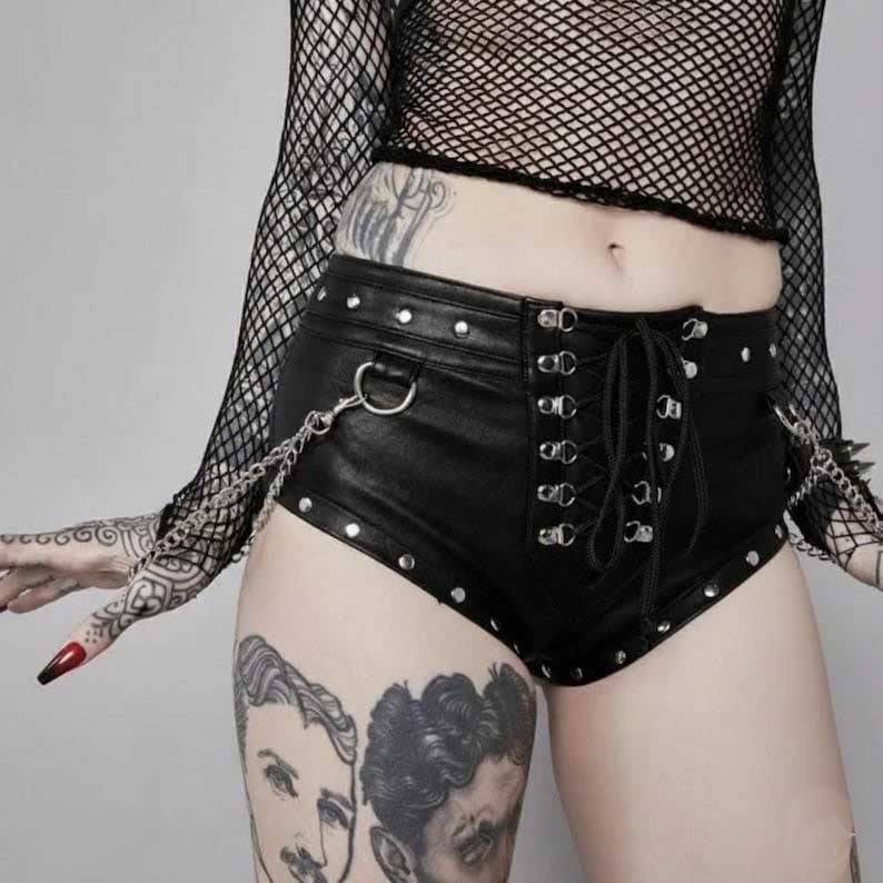 Goth leather lace up shorts with detachable silver chains and punk rave styling by Jackets Kingdom