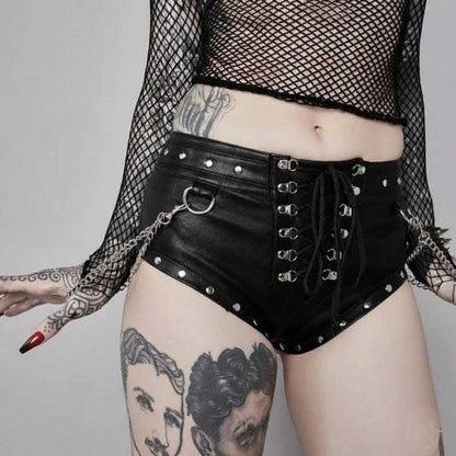 Goth leather lace up shorts with detachable silver chains and punk rave styling by Jackets Kingdom