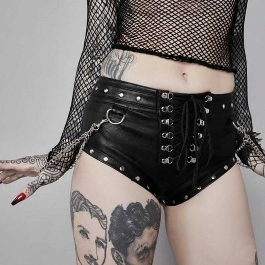 Goth leather lace up shorts with detachable silver chains and punk rave styling by Jackets Kingdom