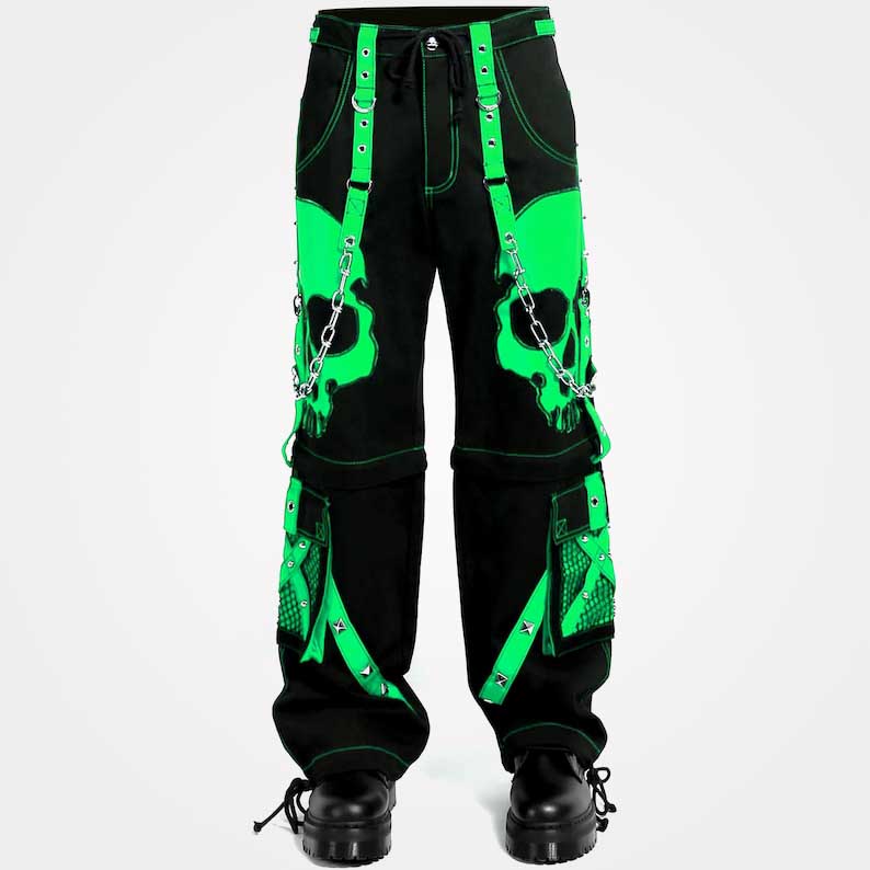 Green and black Gothic cyberpunk zip off pants with skull applique by Jackets Kingdom