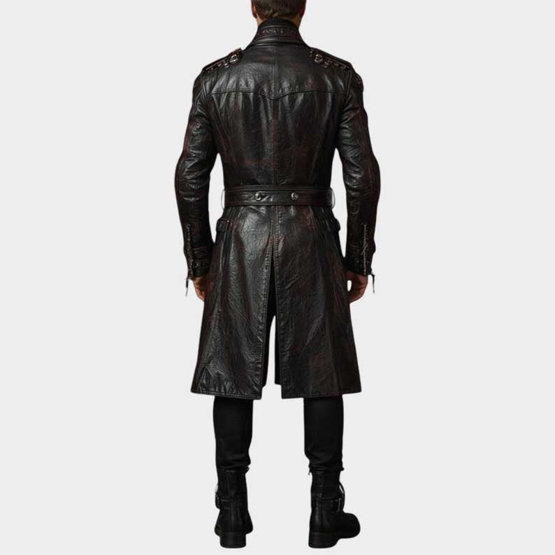 Handcrafted long leather trench featuring double breasted front and dramatic silhouette by Jackets Kingdom
