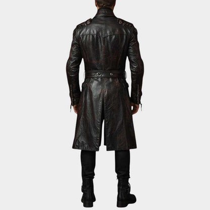 Handcrafted long leather trench featuring double breasted front and dramatic silhouette by Jackets Kingdom