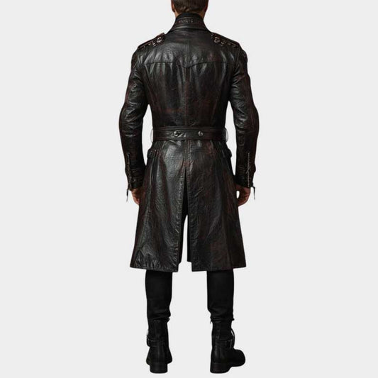 Handcrafted long leather trench featuring double breasted front and dramatic silhouette by Jackets Kingdom