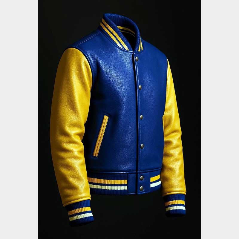 Handcrafted luxury varsity jacket with matte leather finish and deep welt pockets