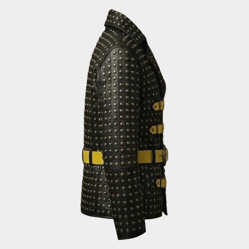 Handcrafted rockstar steampunk jacket showcasing premium studded design by Jackets Kingdom