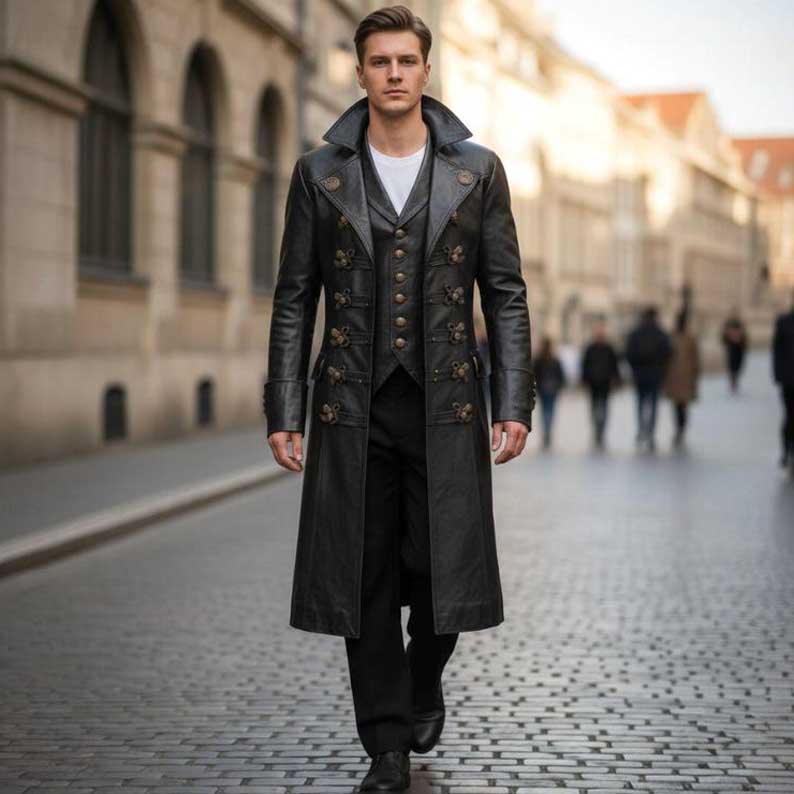 Handcrafted steampunk leather coat featuring decorative straps and ornate cuffs for Renaissance cosplay by Jackets Kingdom