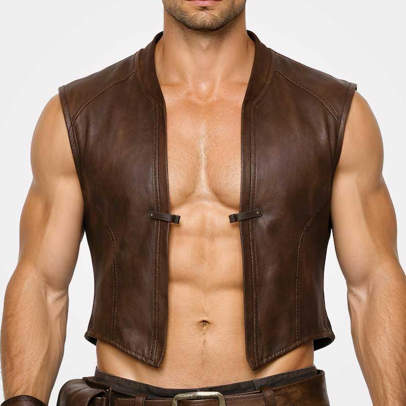 Handcrafted warrior waistcoat in brown leather for LARP cosplay by Jackets Kingdom