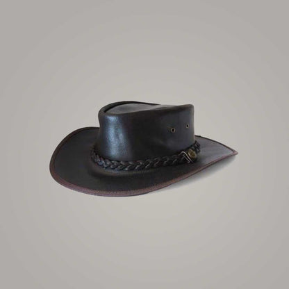 Handmade Black Leather Outback Hat with Braided Band Front View by Jackets Kingdom