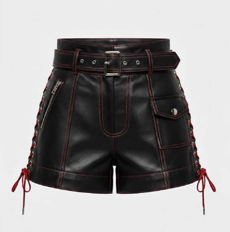 Handmade Black Leather Punk Shorts with Red Stitching