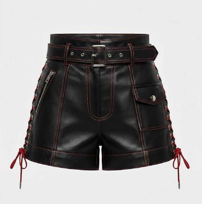 Handmade Black Leather Punk Shorts with Red Stitching
