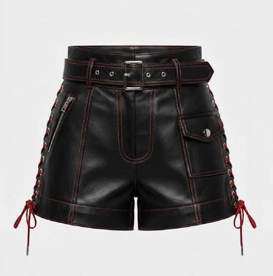 Handmade Black Leather Punk Shorts with Red Stitching