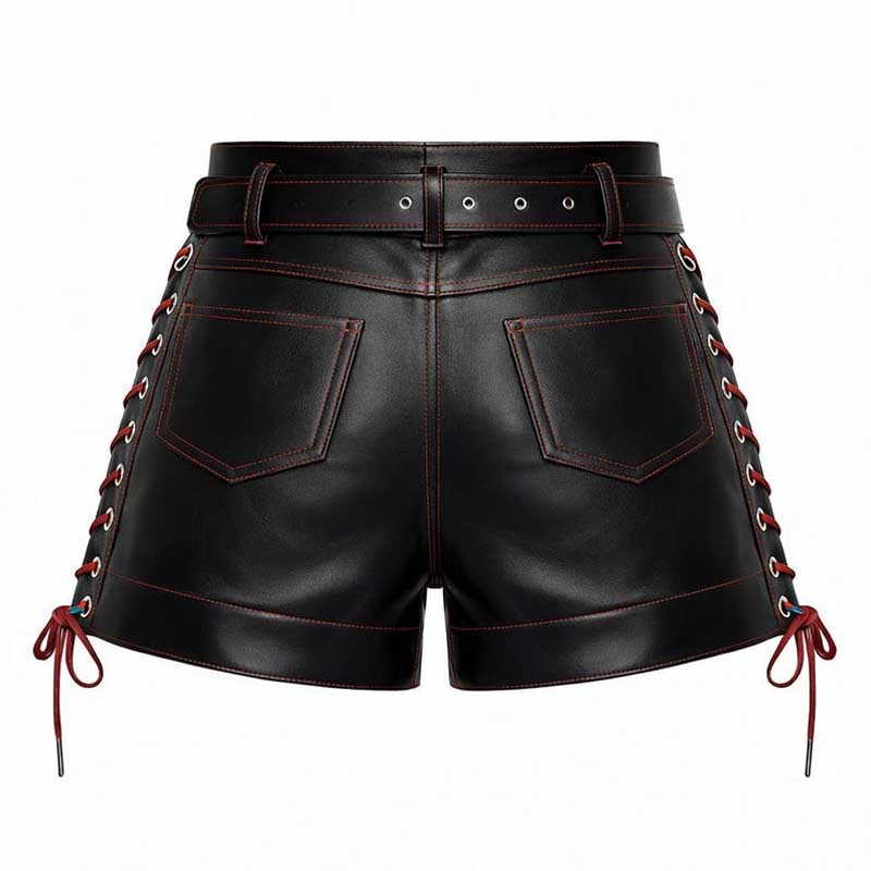 Handmade Black Leather Punk Shorts with Red Stitching
