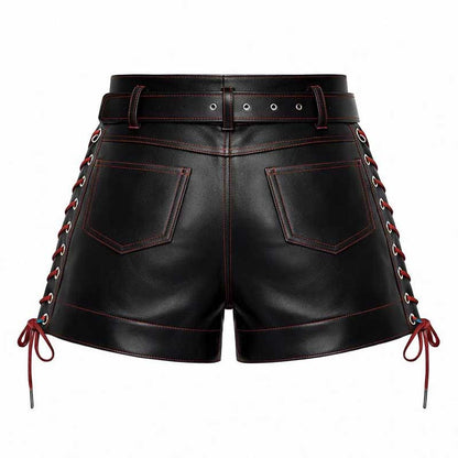 Handmade Black Leather Punk Shorts with Red Stitching