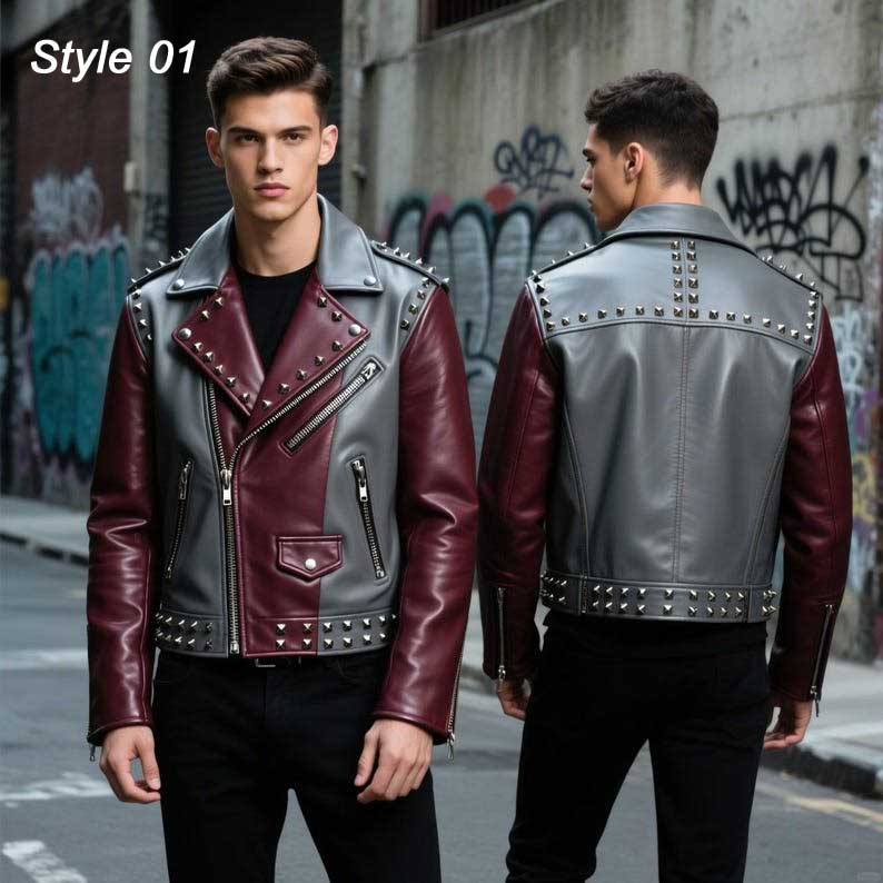 Handmade Grey and Maroon Studded Leather Biker Jacket