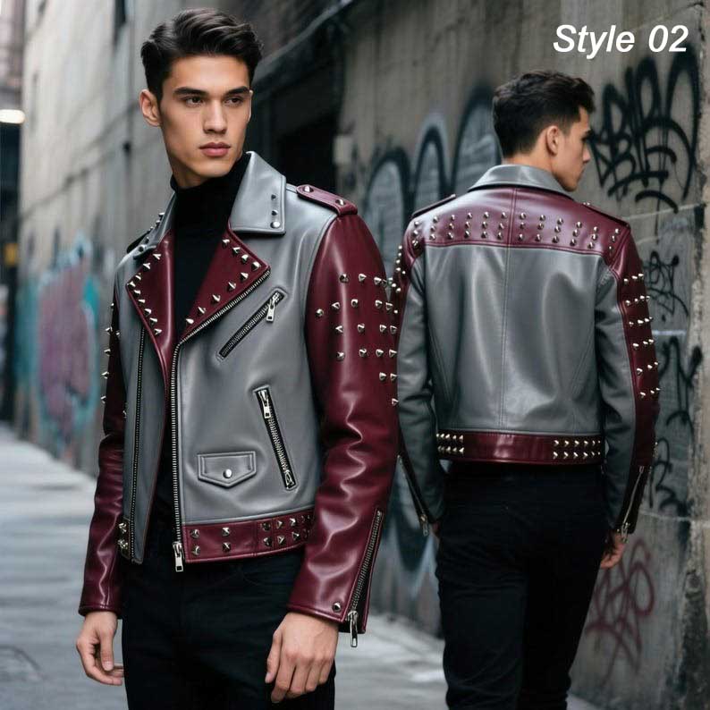 Handmade Grey and Maroon Studded Leather Biker Jacket