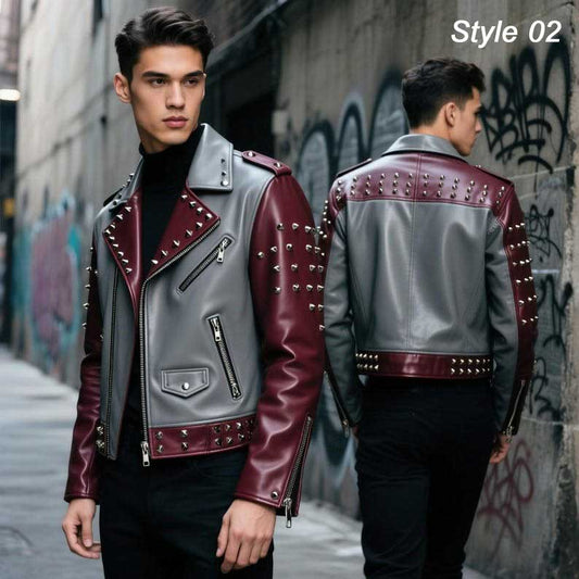 Handmade Grey and Maroon Studded Leather Biker Jacket
