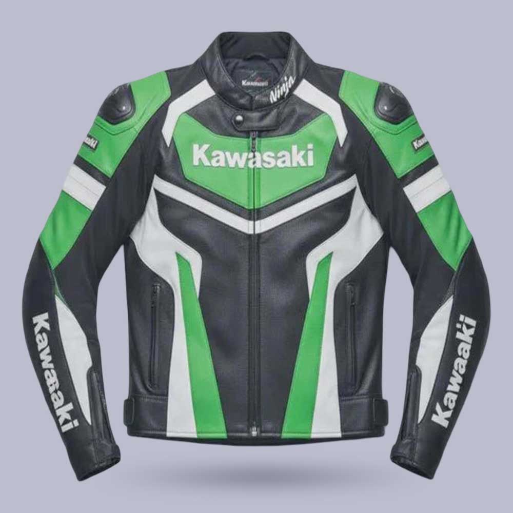 Men's Green Black Genuine Cowhide Leather Motorcycle Racing Biker Jacket by Jackets Kingdom