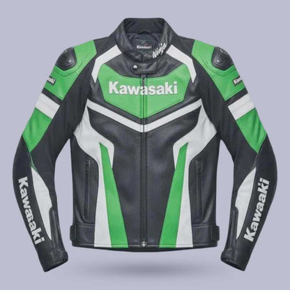 Men's Green Black Genuine Cowhide Leather Motorcycle Racing Biker Jacket by Jackets Kingdom