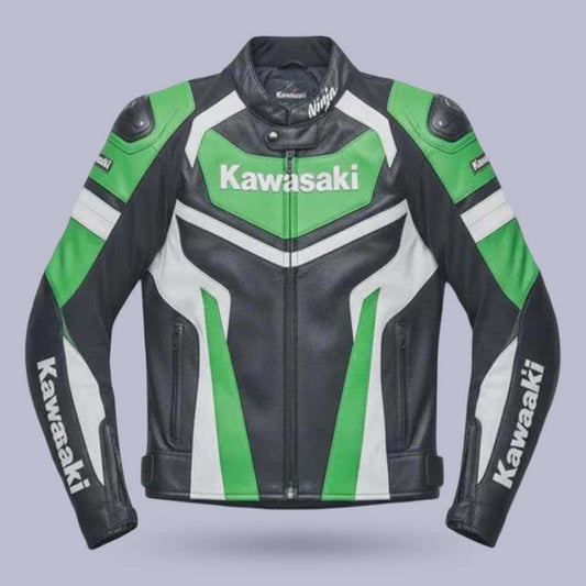 Men's Green Black Genuine Cowhide Leather Motorcycle Racing Biker Jacket by Jackets Kingdom