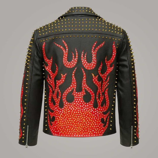Men's Black Flame Studded Punk Biker Leather Jacket