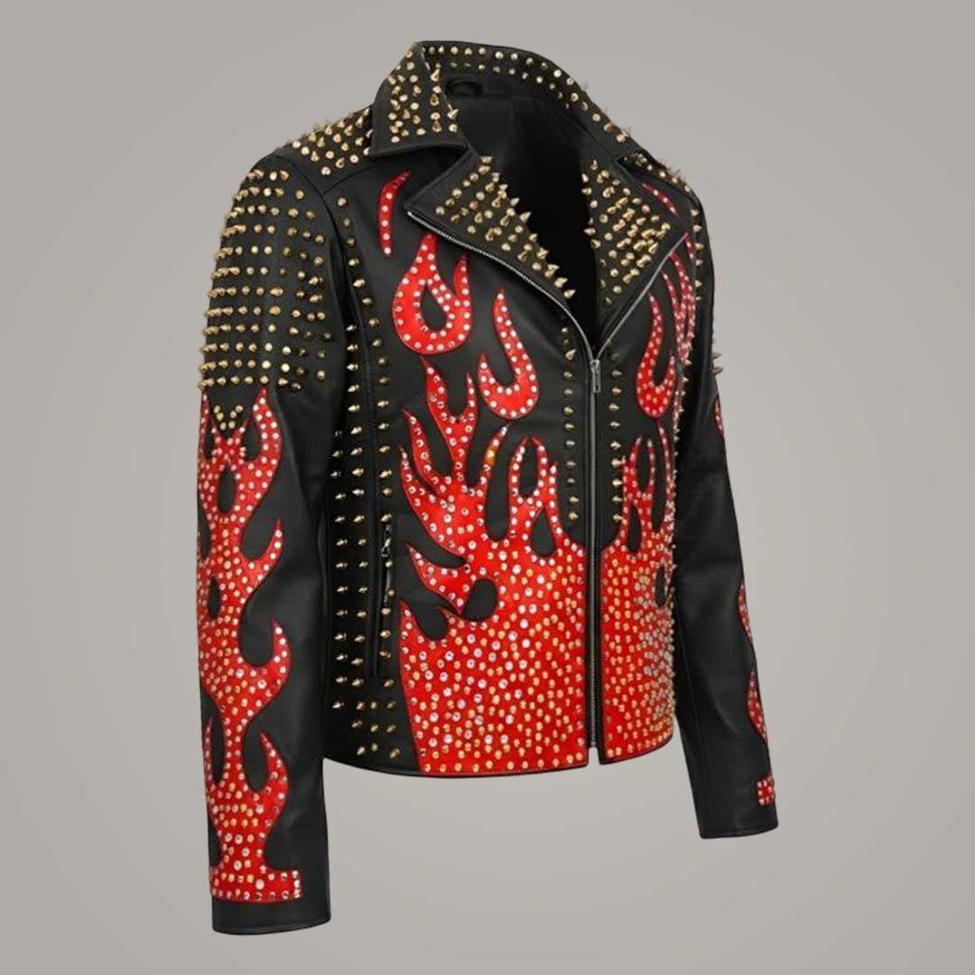 Men's Black Flame Studded Punk Biker Leather Jacket
