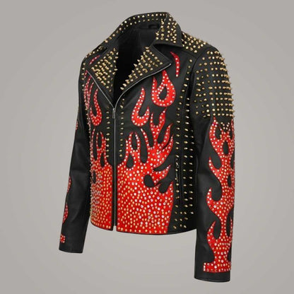 Men's Black Flame Studded Punk Biker Leather Jacket