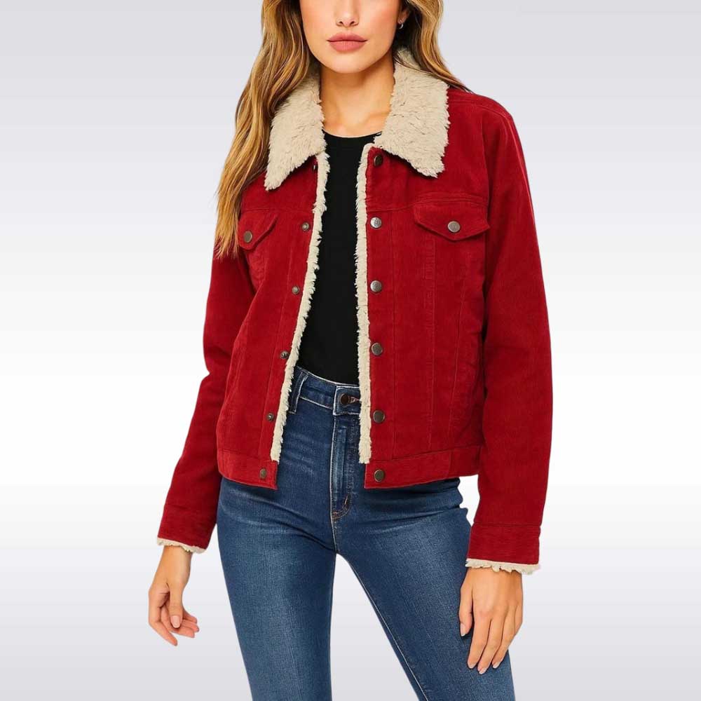 Red Corduroy Shearling Jacket for Women