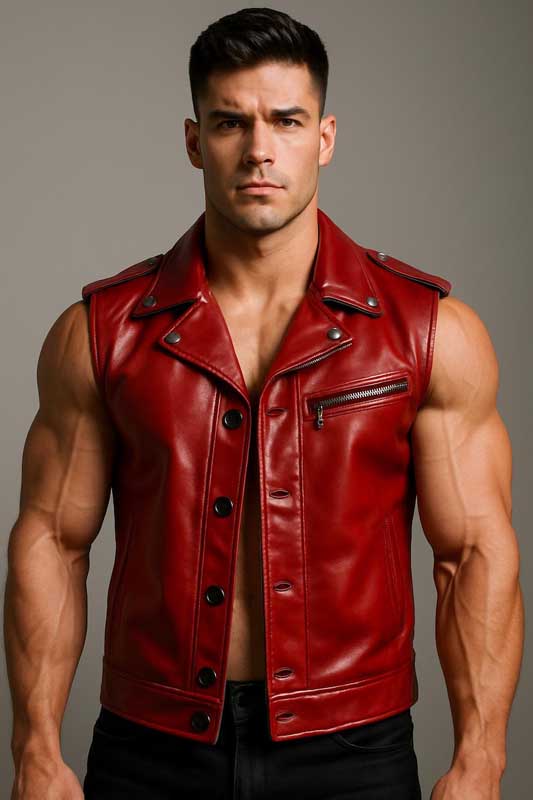 Handmade Red Genuine Leather Biker Vest Gothic Steampunk Waistcoat