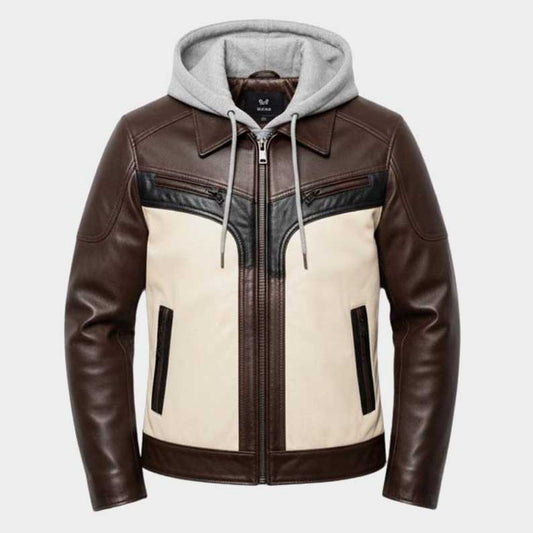 Handmade Two Tone Leather Moto Jacket with Removable Hoodie front view by Jackets Kingdom