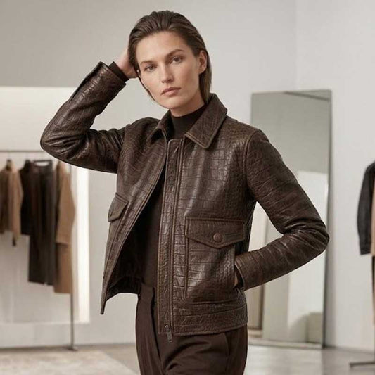 Handmade aviator bomber jacket in full-grain leather featuring crocodile embossed texture