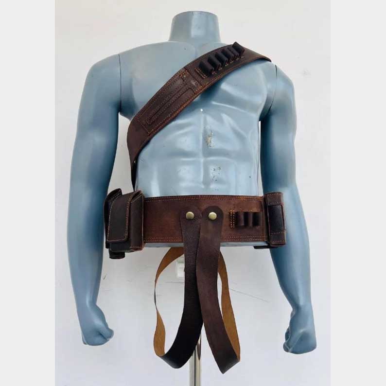 Handmade bounty hunter costume accessory belt featuring premium leather construction and functional holster design by Jackets Kingdom