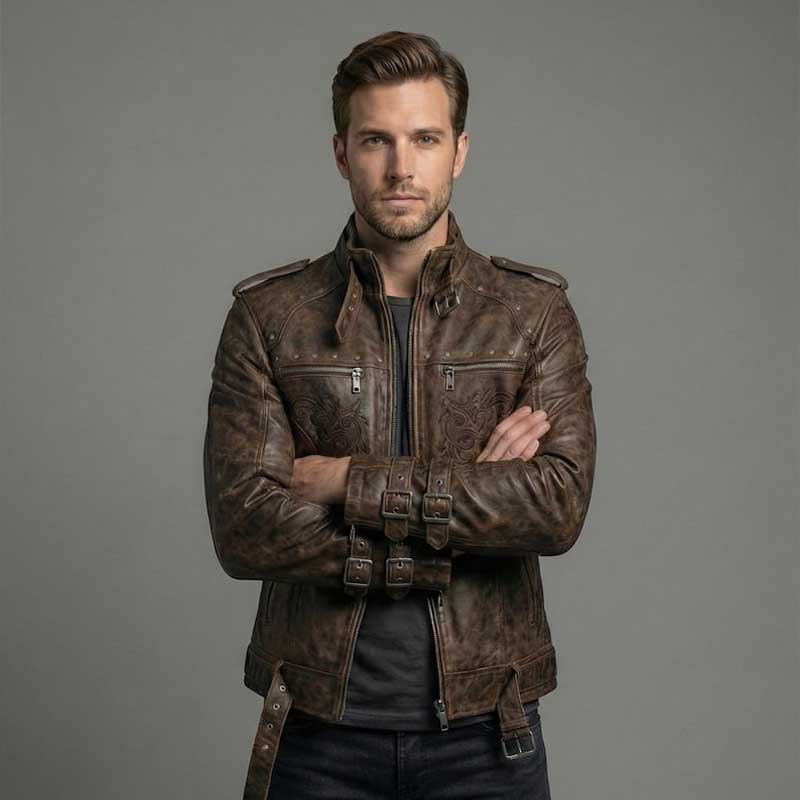 Handmade brown gothic leather jacket with embroidered details and front zipper closure