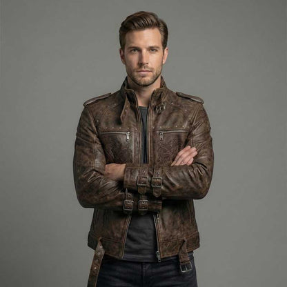 Handmade brown gothic leather jacket with embroidered details and front zipper closure