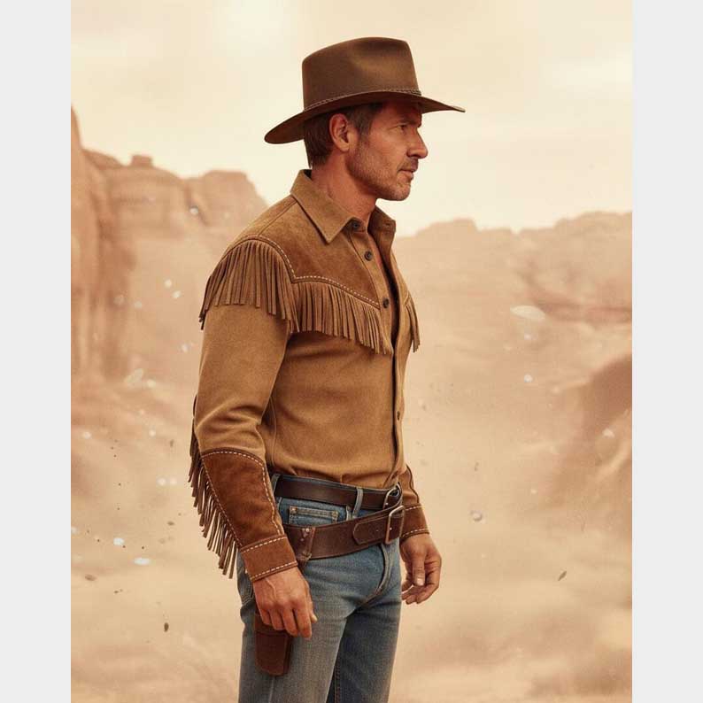 Handmade brown suede fringe motorcycle shirt with button closure by Jackets Kingdom