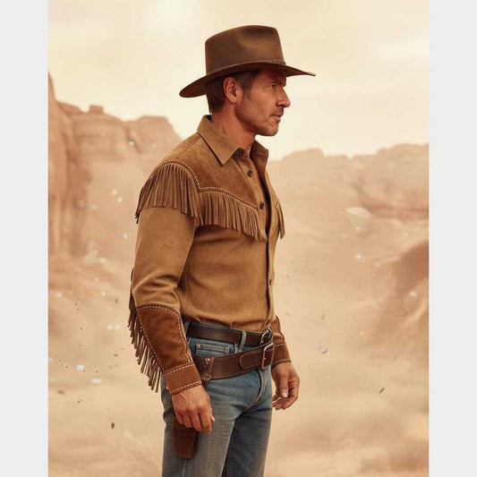Handmade brown suede fringe motorcycle shirt with button closure by Jackets Kingdom