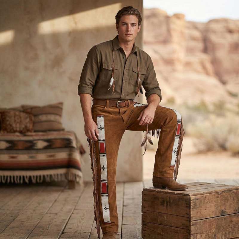 Handmade cowboy suede trousers featuring traditional Old-American regalia design elements