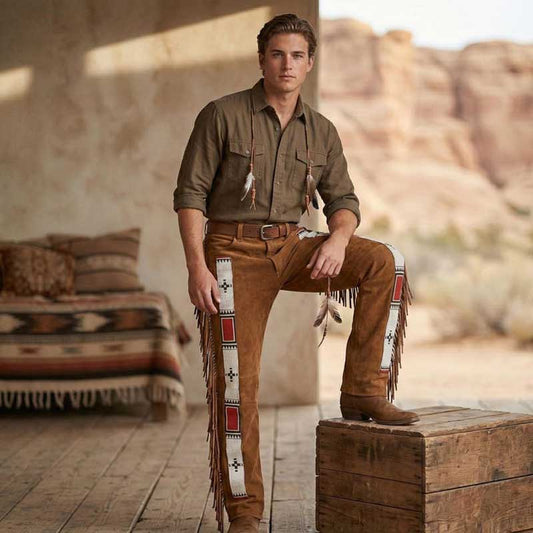 Handmade cowboy suede trousers featuring traditional Old-American regalia design elements