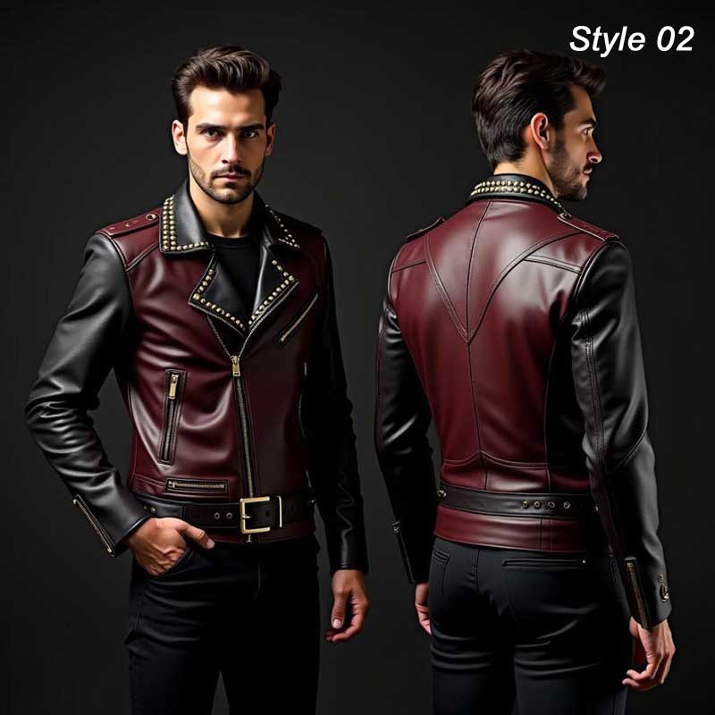 Handmade custom biker jacket featuring black and burgundy genuine leather design