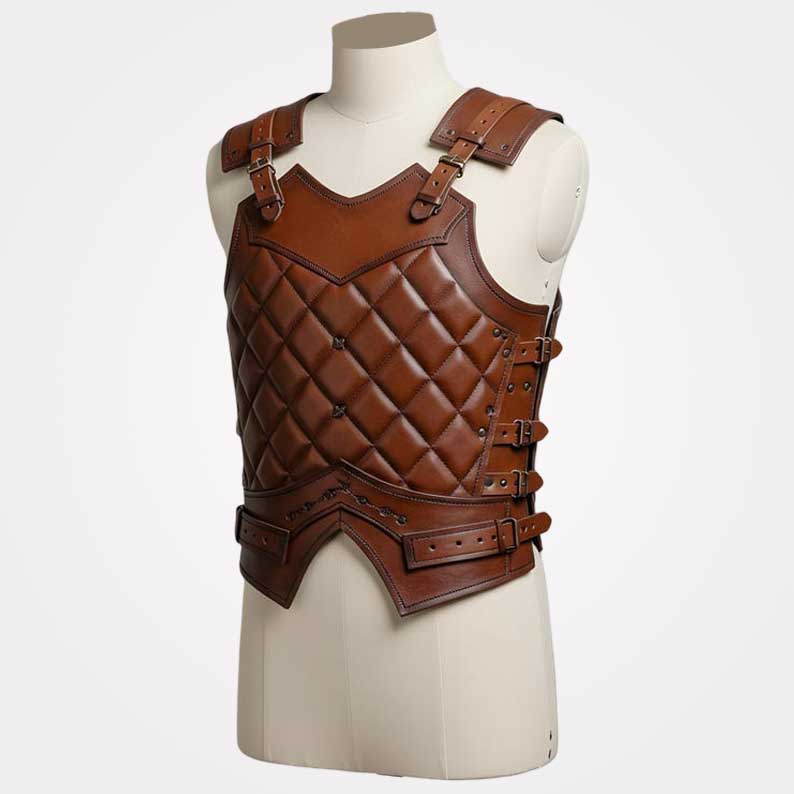 Handmade genuine leather armor vest with quilted front for medieval LARP by Jackets Kingdom