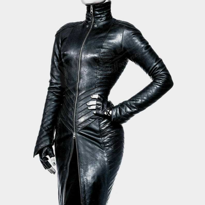 Handmade genuine leather dress featuring full front zipper and adjustable back lacing by Jackets Kingdom
