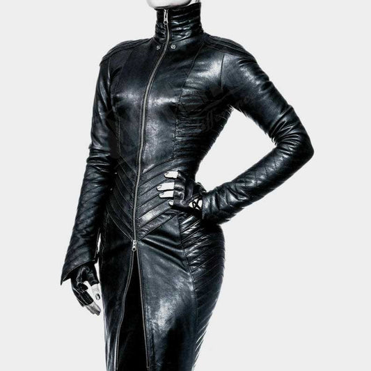 Handmade genuine leather dress featuring full front zipper and adjustable back lacing by Jackets Kingdom