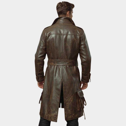 Handmade genuine leather long coat featuring adjustable belt and wide lapel collar by Jackets Kingdom