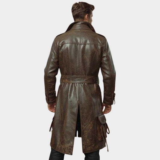 Handmade genuine leather long coat featuring adjustable belt and wide lapel collar by Jackets Kingdom