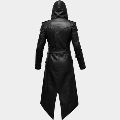 Handmade gothic leather duster coat with dramatic hood and vintage details by Jackets Kingdom