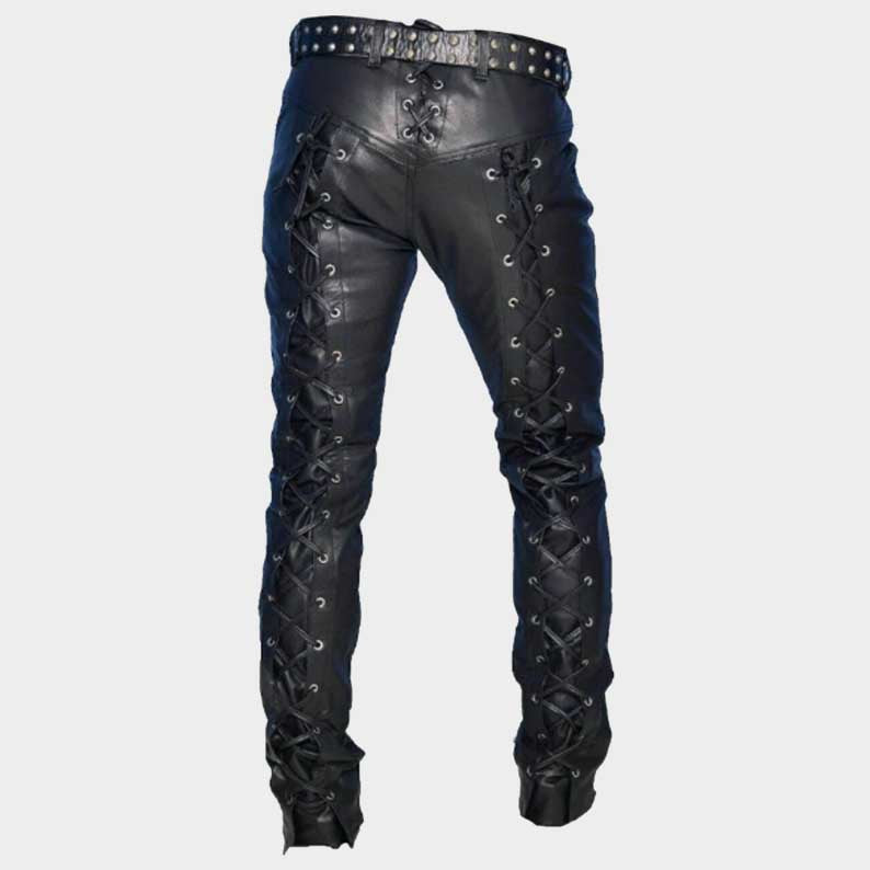 Handmade gothic leather trousers featuring adjustable lace up design on both legs by Jackets Kingdom