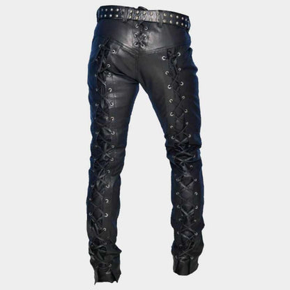 Handmade gothic leather trousers featuring adjustable lace up design on both legs by Jackets Kingdom